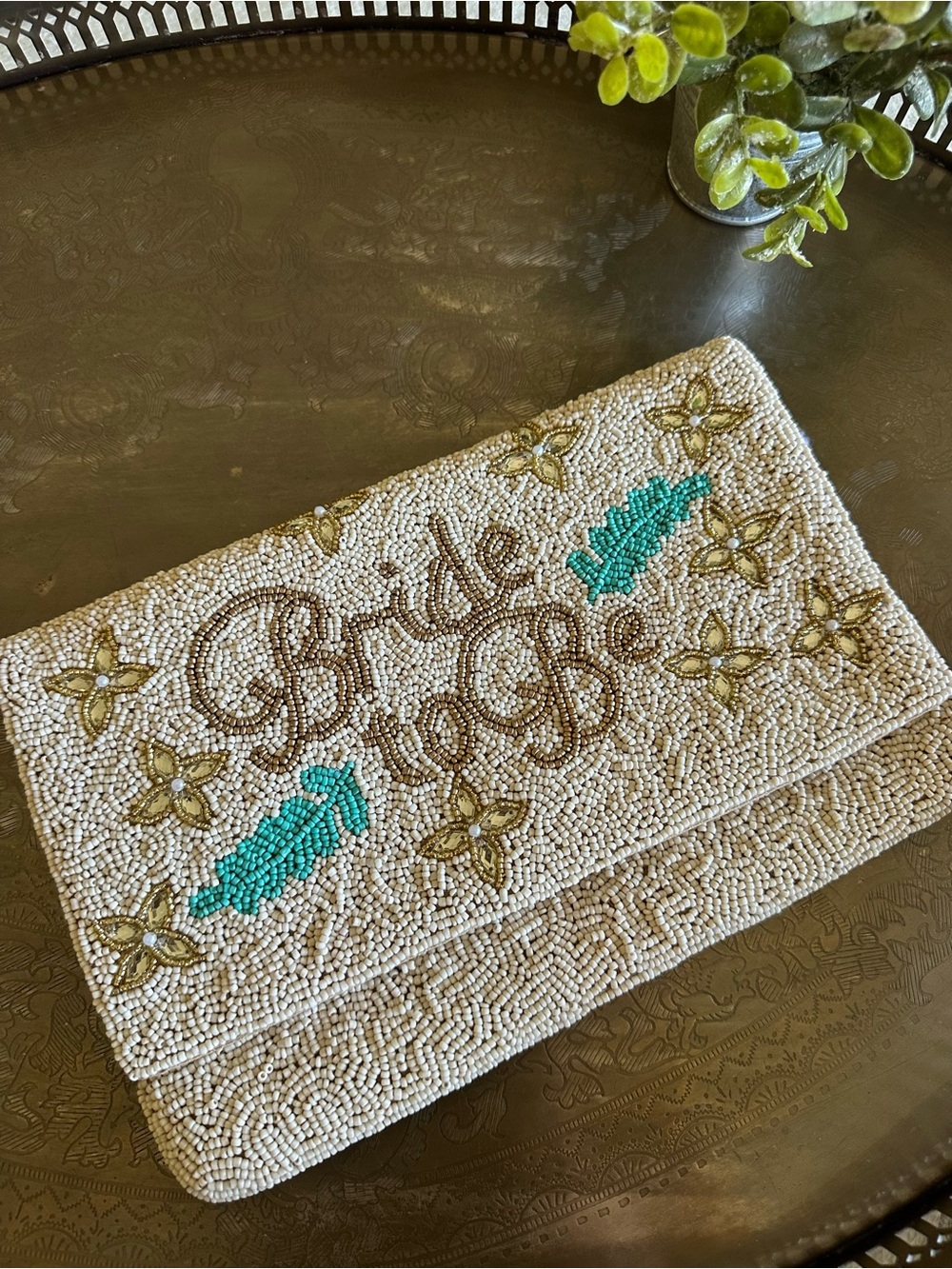Hand Beaded in India Bride to Be Clutch w metal chain strap Bridal Purse Wedding